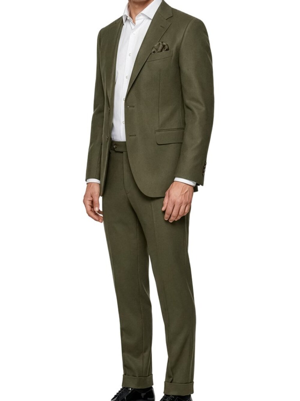Olive Textured Knit Notch Lapel Cuffed Bottoms 2 Piece Men's Suit - Picture 2 of 3